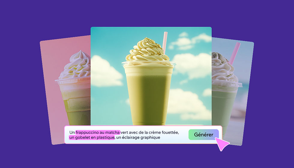 Frappuccino au matcha, crème fouettée, gobelet plastique vert. Arrière-plan ciel bleu avec nuages. Bouton "Générer" sur fond violet.