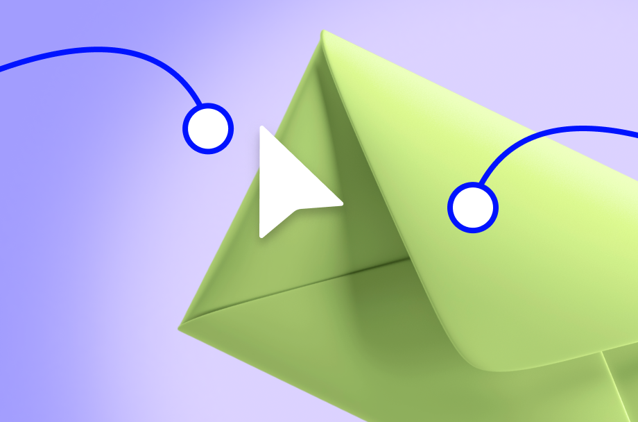 Enveloppe verte avec symbole de lecture sur fond violet clair. Lignes bleues courbées avec cercles blancs de chaque côté.