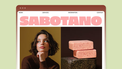 SABOTANO en rose, page web avec portrait d’une femme et blocs roses empilés; menu WORK SERVICES INFORMATION CONTACT.