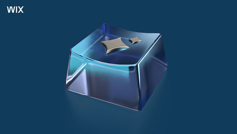 Une touche en verre bleu brillant avec deux icônes métalliques sur fond bleu. Texte "WIX" en blanc dans le coin supérieur gauche.