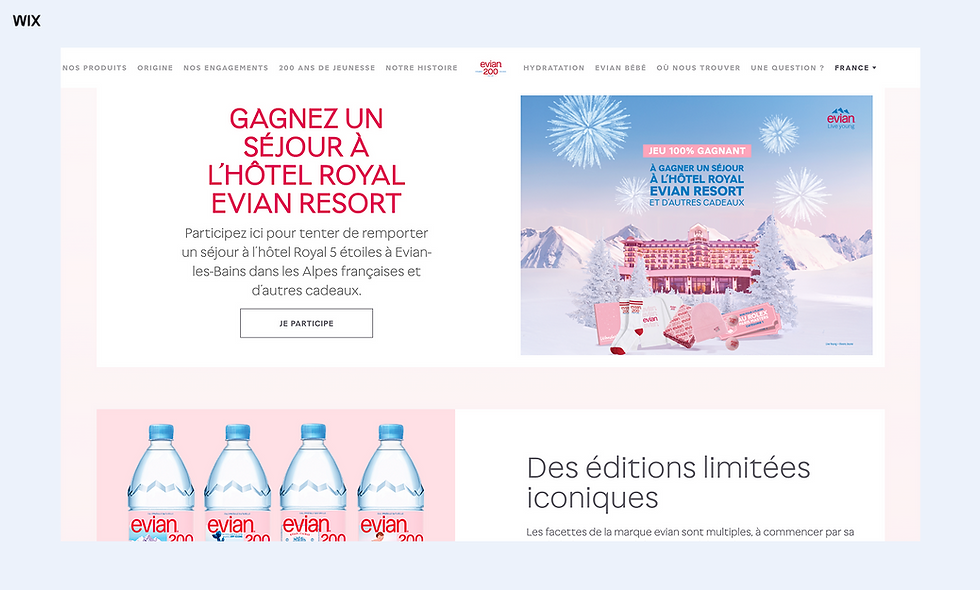 Page Evian en français avec concours GAGNEZ UN SÉJOUR À L’HÔTEL ROYAL EVIAN RESORT, hôtel enneigé et bouteilles limitées.
