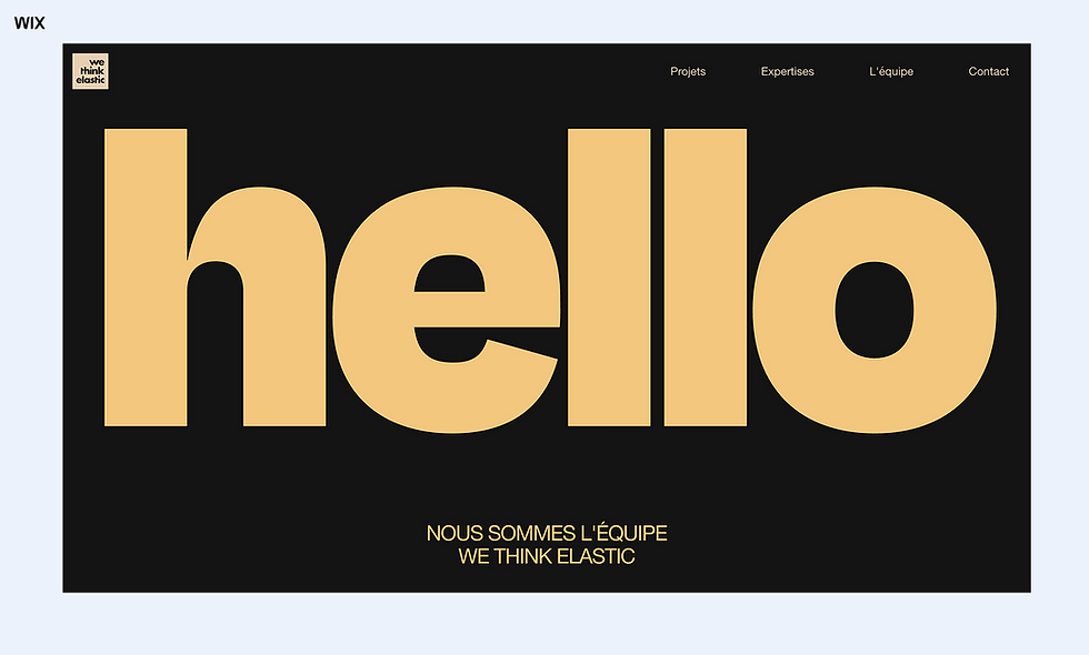 Page web noire avec énorme hello beige, menu Projets/Expertises/L'équipe/Contact et texte Nous sommes l'équipe We Think Elastic.