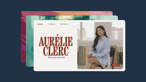 Page web avec une femme assise, cheveux longs, chemise bleue. Texte : "Aurélie Clerc. Découvrez mon book". Fonds colorés, bleu, rose, vert.
