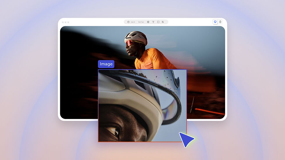 Cycliste en maillot orange et casque blanc à lunettes rouges, en mouvement sur fond flou. Zoom sur son visage. Texte Image en bleu.