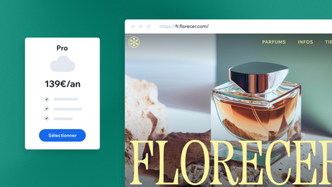 Flacon de parfum sur fond naturel, beige et brun. Offre Pro à 139€/an avec bouton "Sélectionner" sur fond vert. Texte: FLORECER.