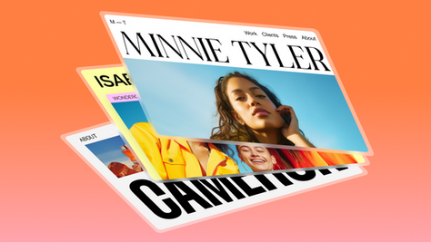 Interface web colorée avec portraits de personnes. Texte visible: Minnie Tyler, Cameleon, Isab, sur fond dégradé orange.