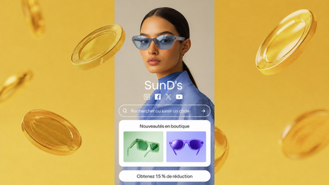 Femme en lunettes de soleil bleues sur fond jaune, page SunD’s avec modèles verts et violets, promo 15 %