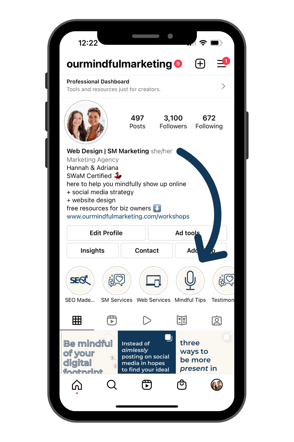 Screenshot image of the Instagram feed of Our Mindful Marketing with an arrow emphasizing an example of Instagram Highlights.