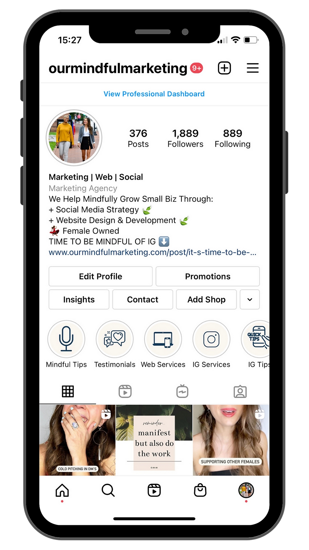An image of a screenshot the main feed of @ourmindfulmarketing's profile on Instagram.