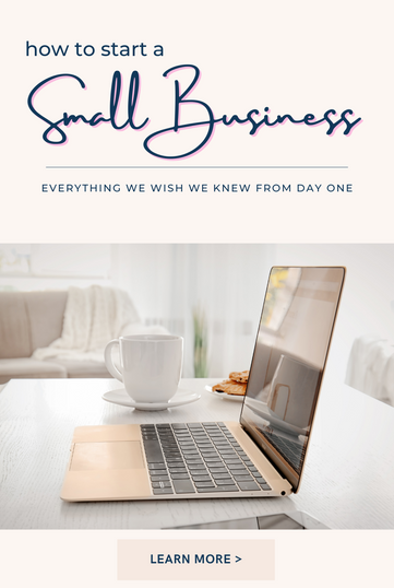 A picture of an open-faced laptop, place next to a cup of coffee in a white mug in the foreground; placed in front of a couch and a white blanket in the background. Text above the image indicates a guide for new small business owners and what steps to take when opening a new business.