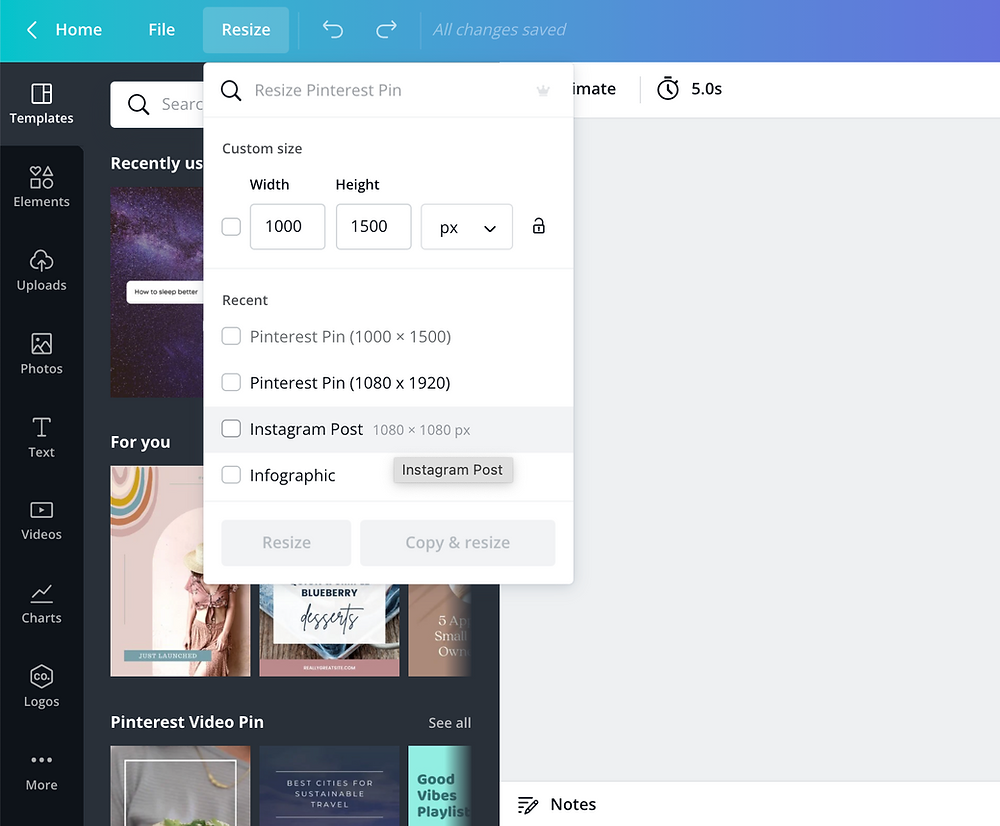 A screenshot example of how to resize content for various social media platforms on Canva.