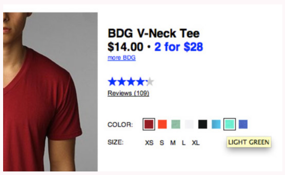 Old Version of Urban Outfitters website showing color labels on hover on a desktop screenshot.