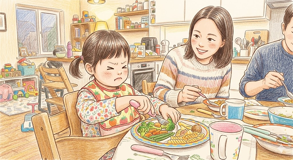 挑食，學前幼兒在餐桌前對著花椰菜皺眉挑食，媽媽在旁溫柔陪伴與引導