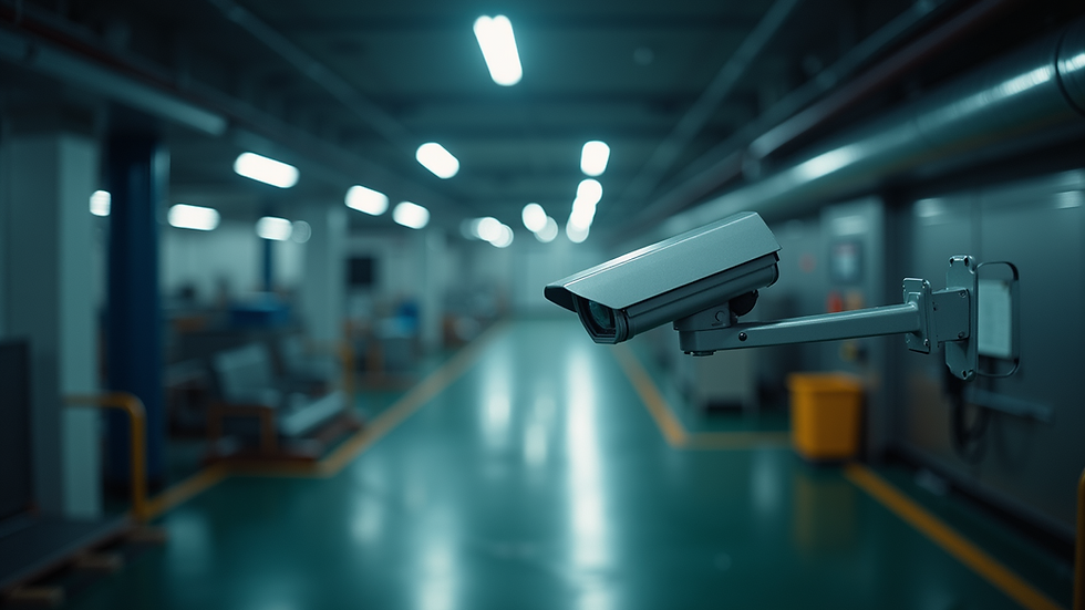 High angle view of a well-lit industrial area monitored by CCTV