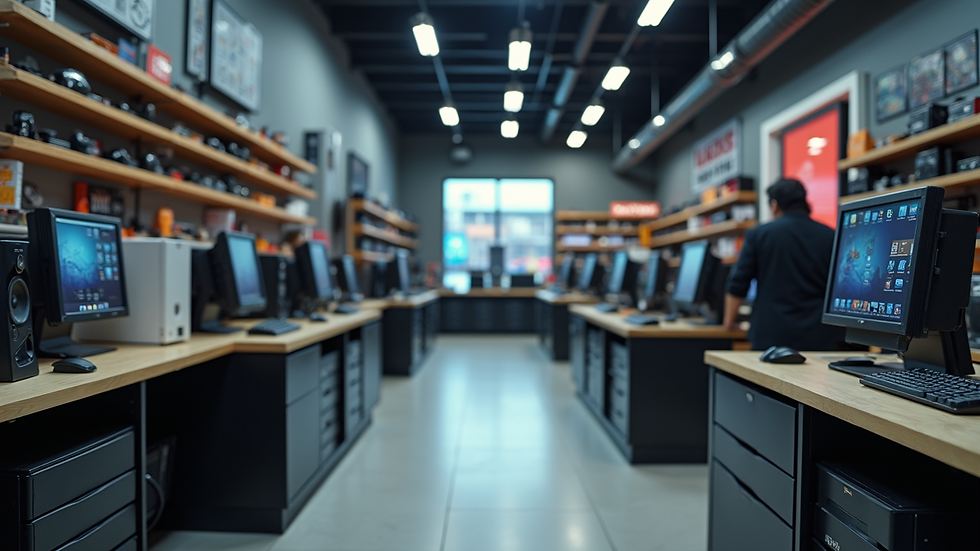 High angle view de loja de informática com prateleiras de hardware e acessórios