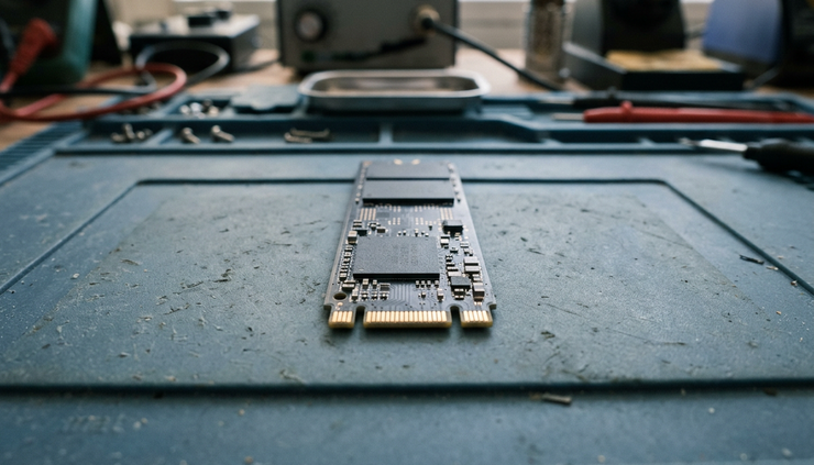 Close-up de um SSD M.2 com duas fendas no conector sobre uma bancada técnica