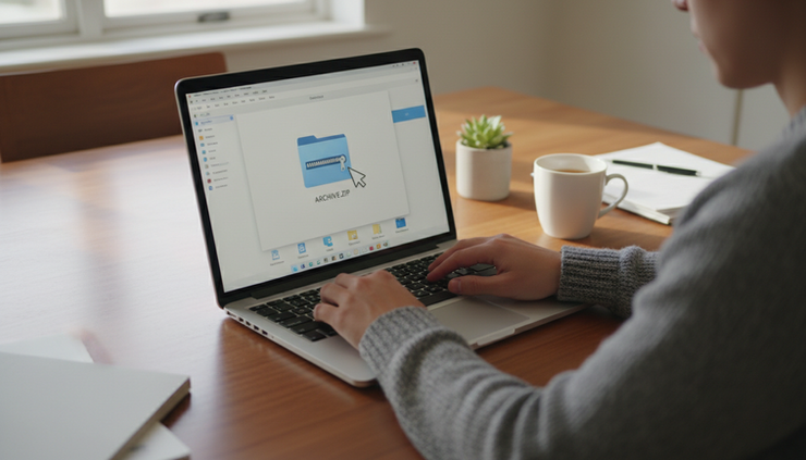 Eye-level view of a person opening a compressed folder on a home computer