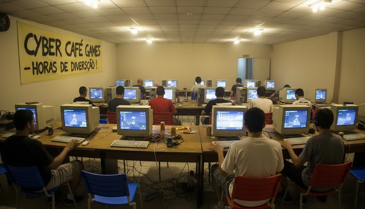 Wide-angle view of a nostalgic lan house with old gaming computers running Counter-Strike 1.6