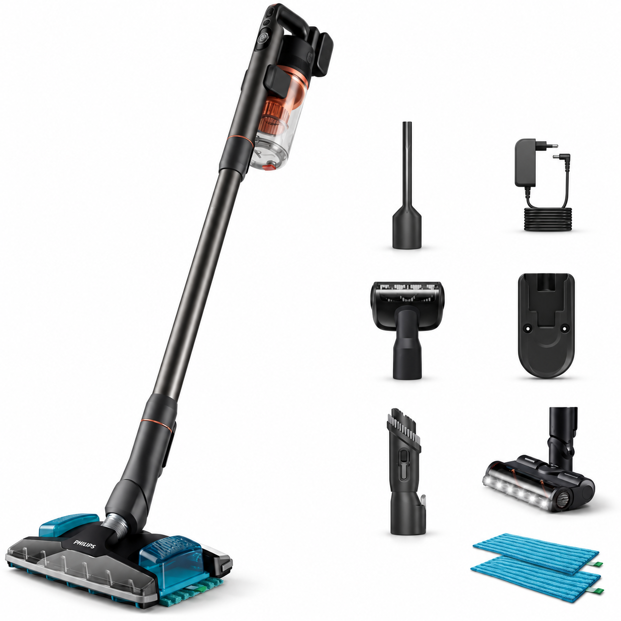 Philips XC8054/01 ıslak kuru şarjlı dikey süpürge ve kutu içeriğindeki temizlik aksesuarları