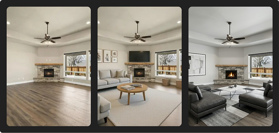 Three living rooms with stone fireplaces, ceiling fans, and large windows. From empty to furnished: gray sofa, coffee table, artwork, lush vibe.