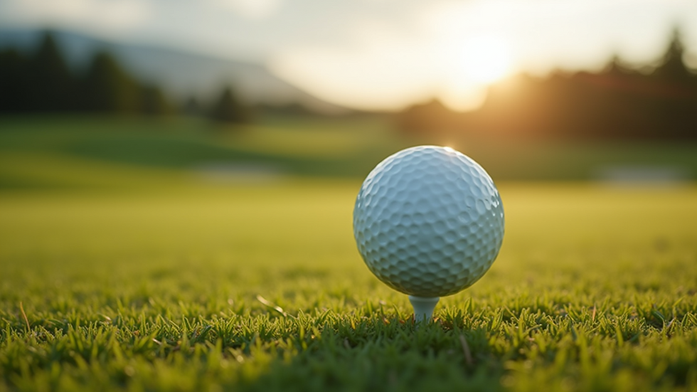 Close-up view of golf ball on a tee with a beautiful landscape in the background
