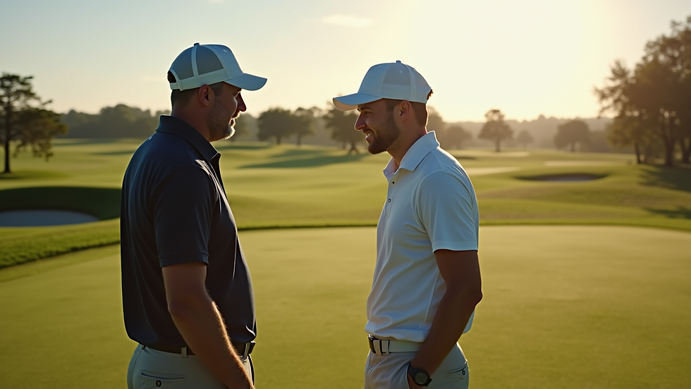 High angle view of a golf coach and golfer discussing goals on the course