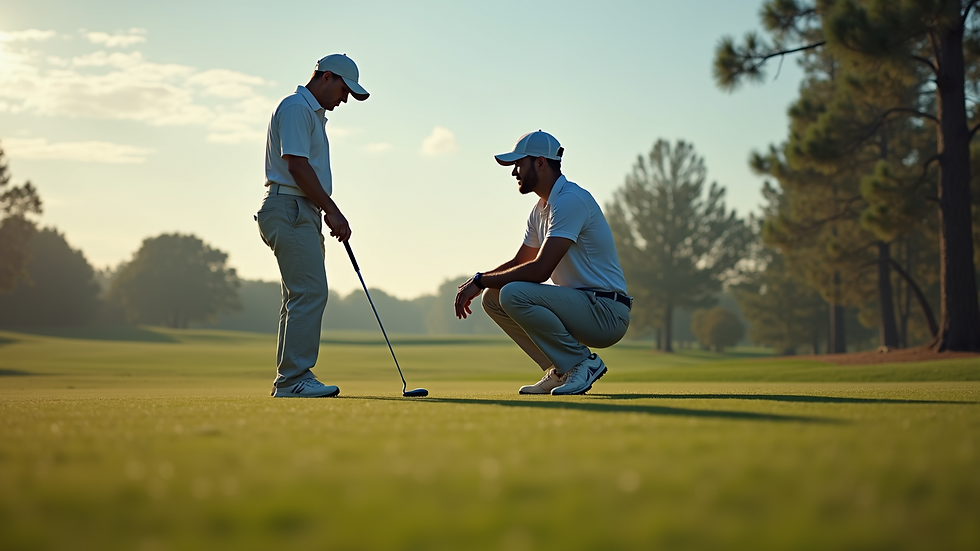 Close-up view of golf instructor analysing swing with student