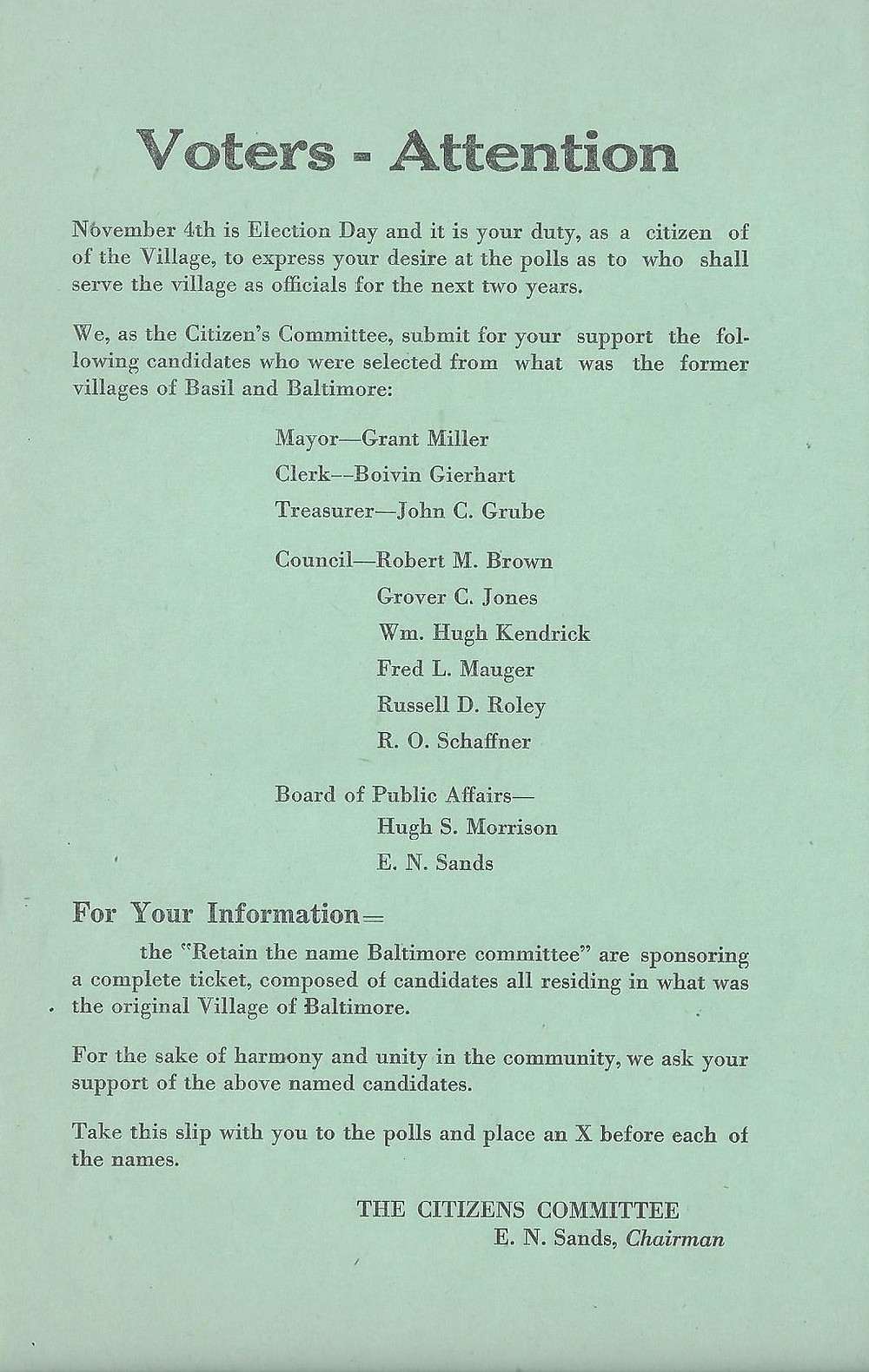 Election Day reminder from The Citizens Committee of Baltimore encouraging residents to vote for the candidates sponsored by the Retain the Name "Baltimore" Committee