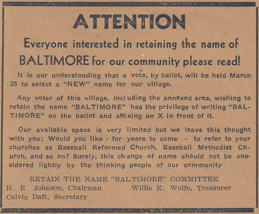 On March 20, 1947, the Retain the Name "Baltimore" Committee ran this advertisement in the Twin City News.