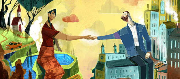 A couple reaching across the divide of an urban and rural setting to shake hands.