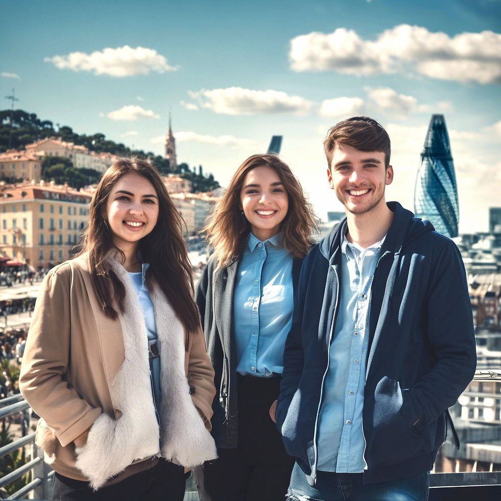 Trois étudiants heureux apprennent l'anglais à Nice. Ils sourient devant une image en arrière-plan associant la skyline londonienne aux magnifiques bâtiments et paysages de Nice.