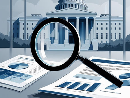 Illustration of federal grant oversight showing a government building, documents, and a magnifying glass symbolizing review, accountability, and funding management.