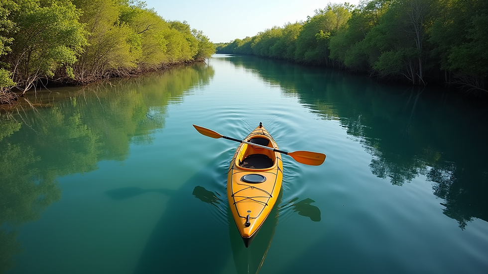 High angle view of a kayak floating on calm water near a mangrove