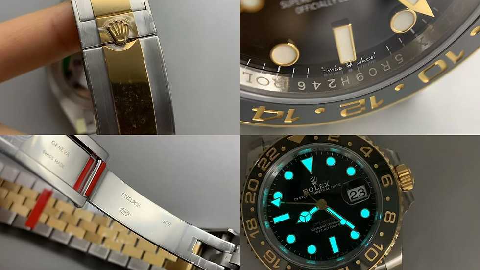 Крупный план суперклона Rolex Root Beer 126711CHNR: черный циферблат с люминесцентными метками Chromalight, зеленая GMT-стрелка, вращающийся безель Cerachrom коричневый/черный с гравировкой 24-часовой шкалы.
