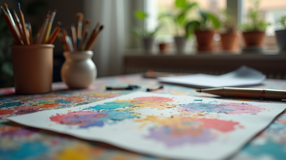 Eye-level view of a creative workspace with colorful art supplies
