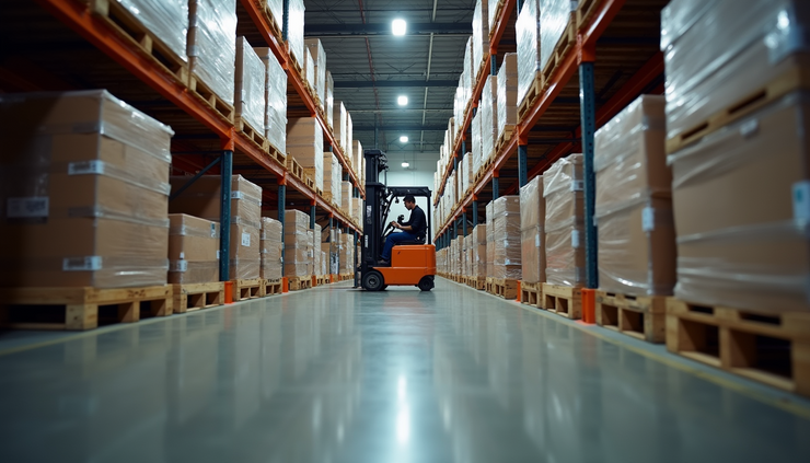 Eye-level view of a warehouse worker operating a forklift among stacked pallets