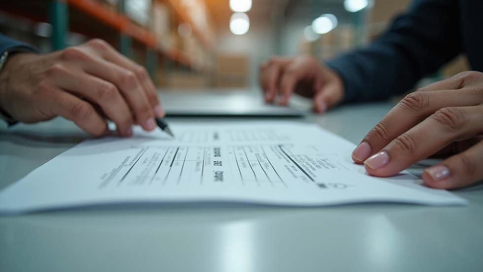 Close-up view of a logistics manager reviewing shipment documents