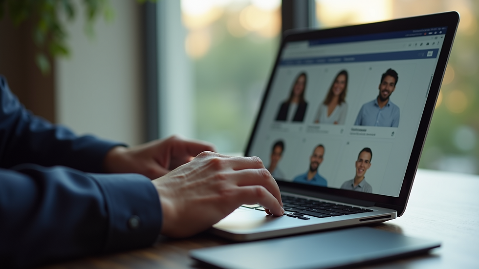 Close-up view of a recruiter reviewing candidate profiles on a laptop