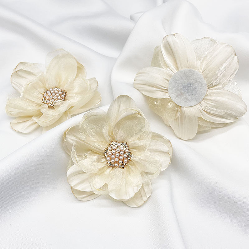 Thumbnail: 5 Pcs Organza Flower Multi-layered 3D Fabric Flowers Hand-sewn Beads Burned Edge