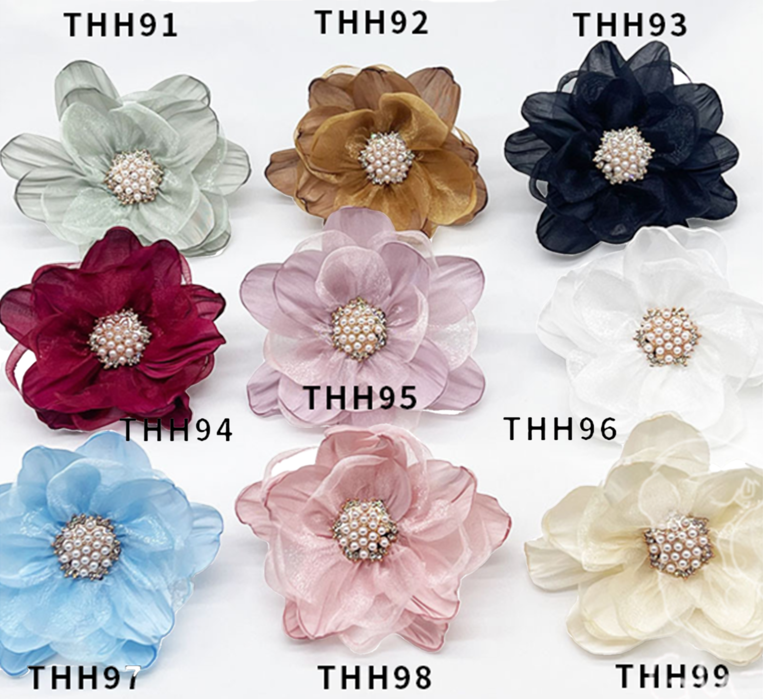 5 Pcs Organza Flower Multi-layered 3D Fabric Flowers Hand-sewn Beads Burned Edge