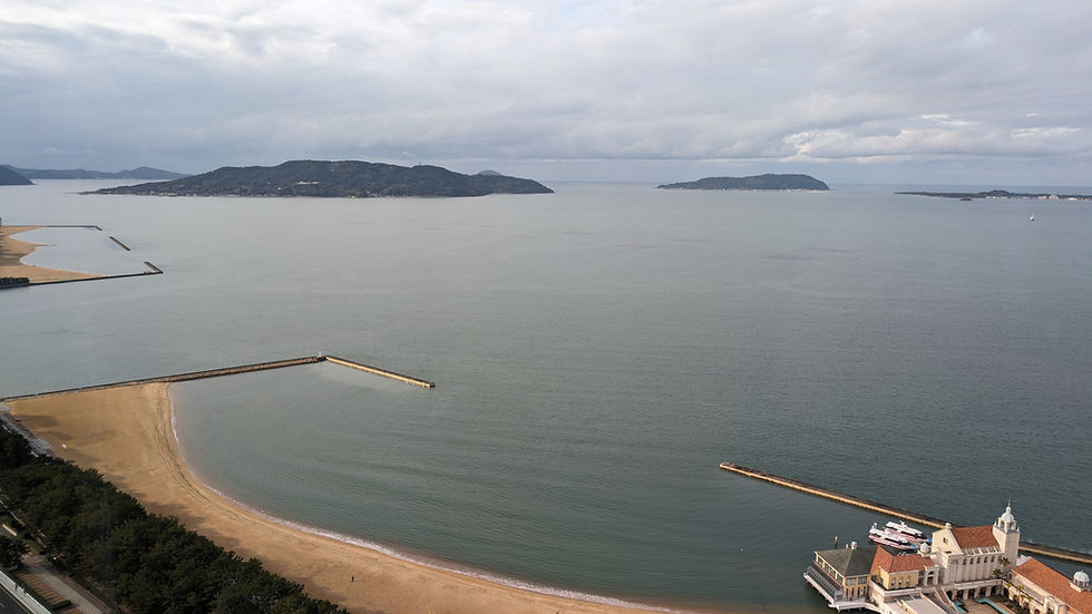 Sea view from tall tower mountains and pier