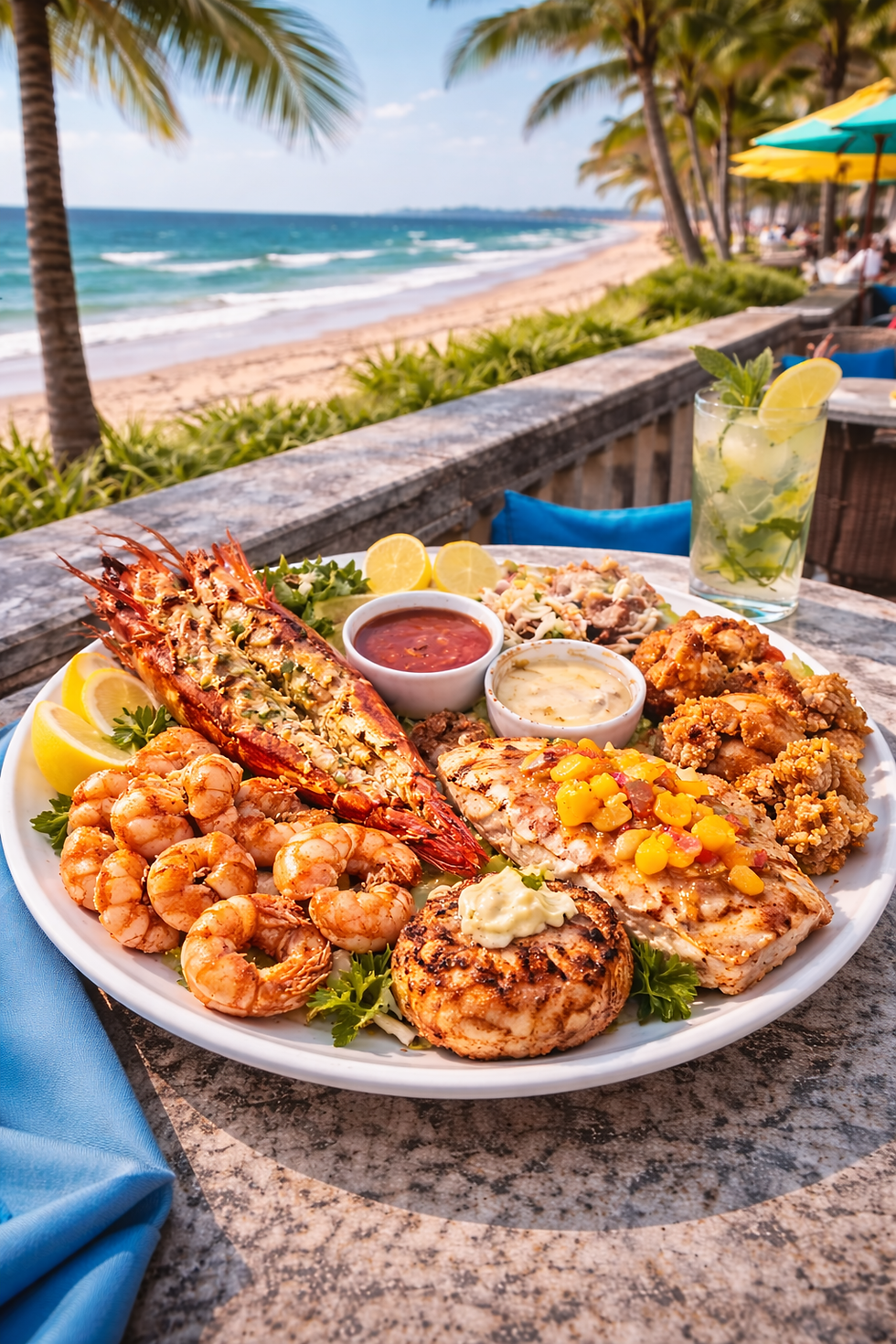 Seafood meal by the beach with a ocean view
