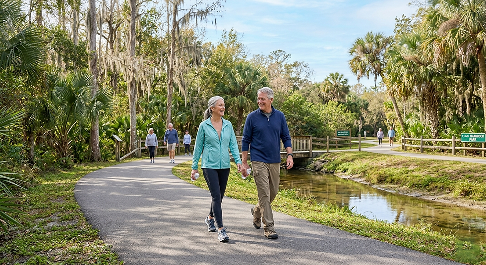 Residents walking outdoors in mild Florida winter weather