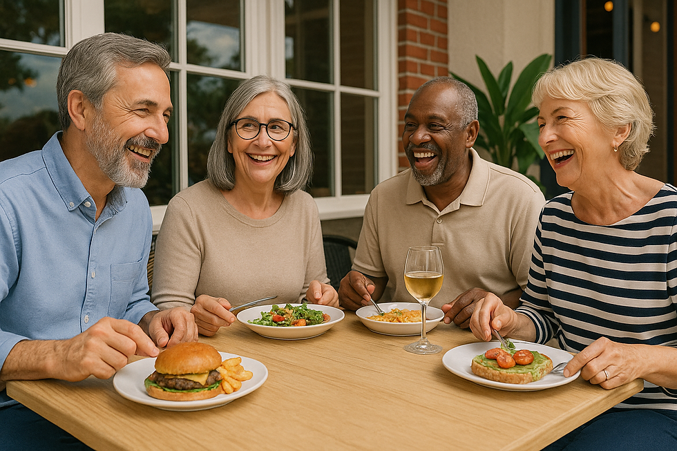 55 adults people enjoying a cafe meal on a patio, highlighting leisure and dining in retirement
