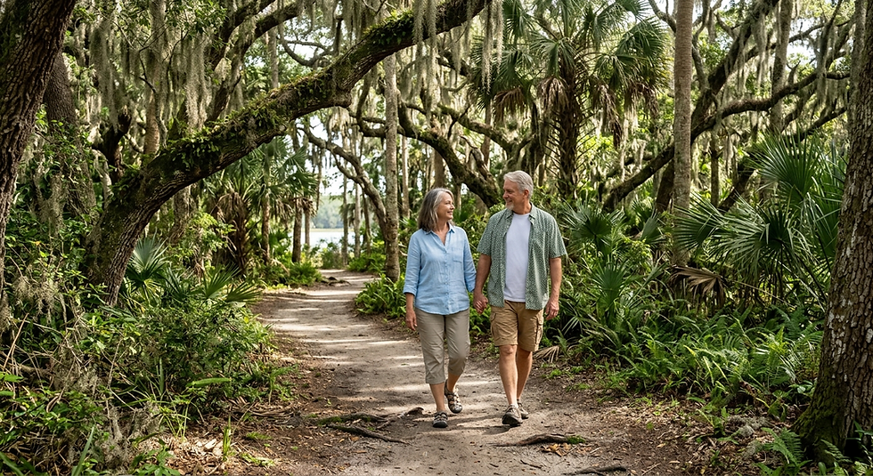 Couple walking through Tomoka State Park nature trail