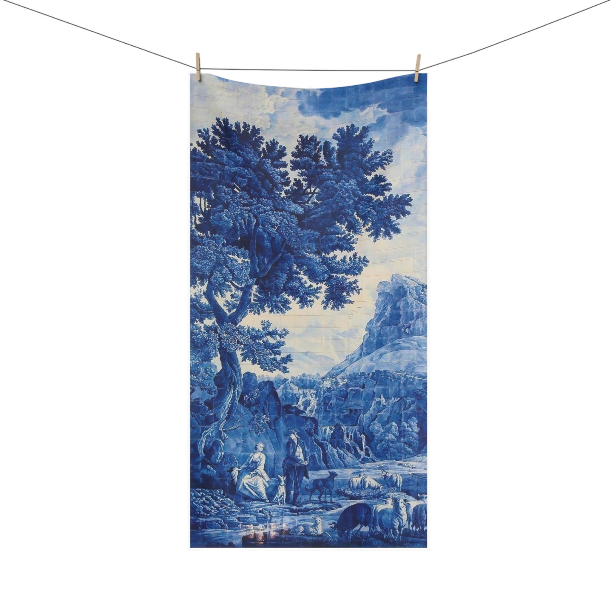Blue and White Delft Tile Toile Landscape Mink-Cotton Towel,