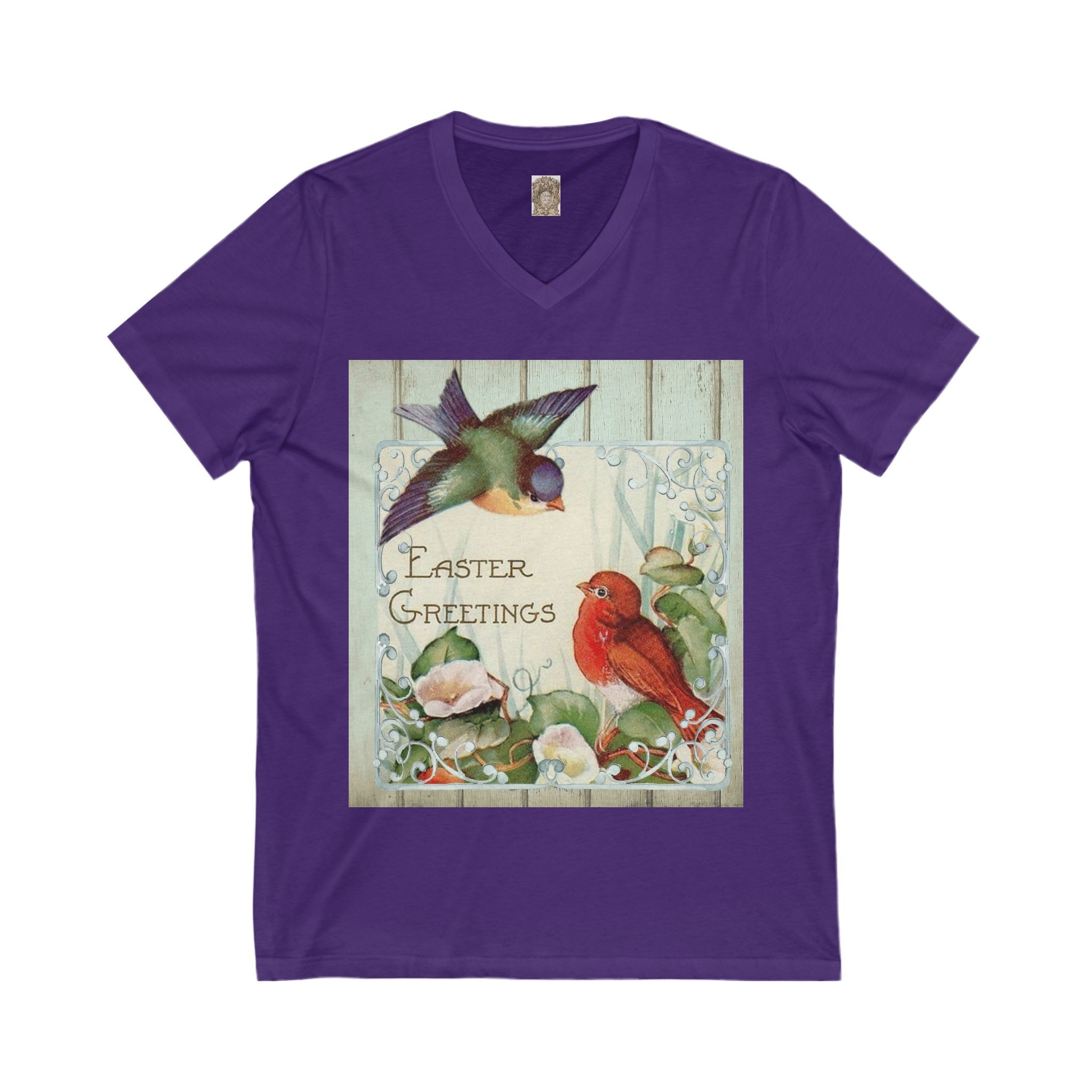 Easter Greetings Unisex V-Neck Tee - Spring Floral Bird Design (5 sizes)