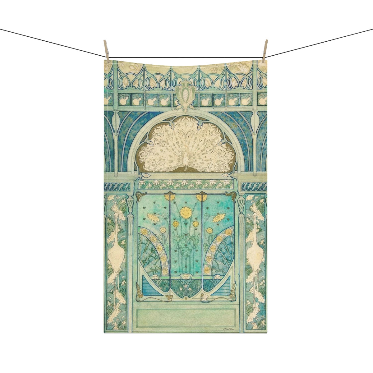 Peacock and Herons Kitchen Towel: Cotton Twill or Poly