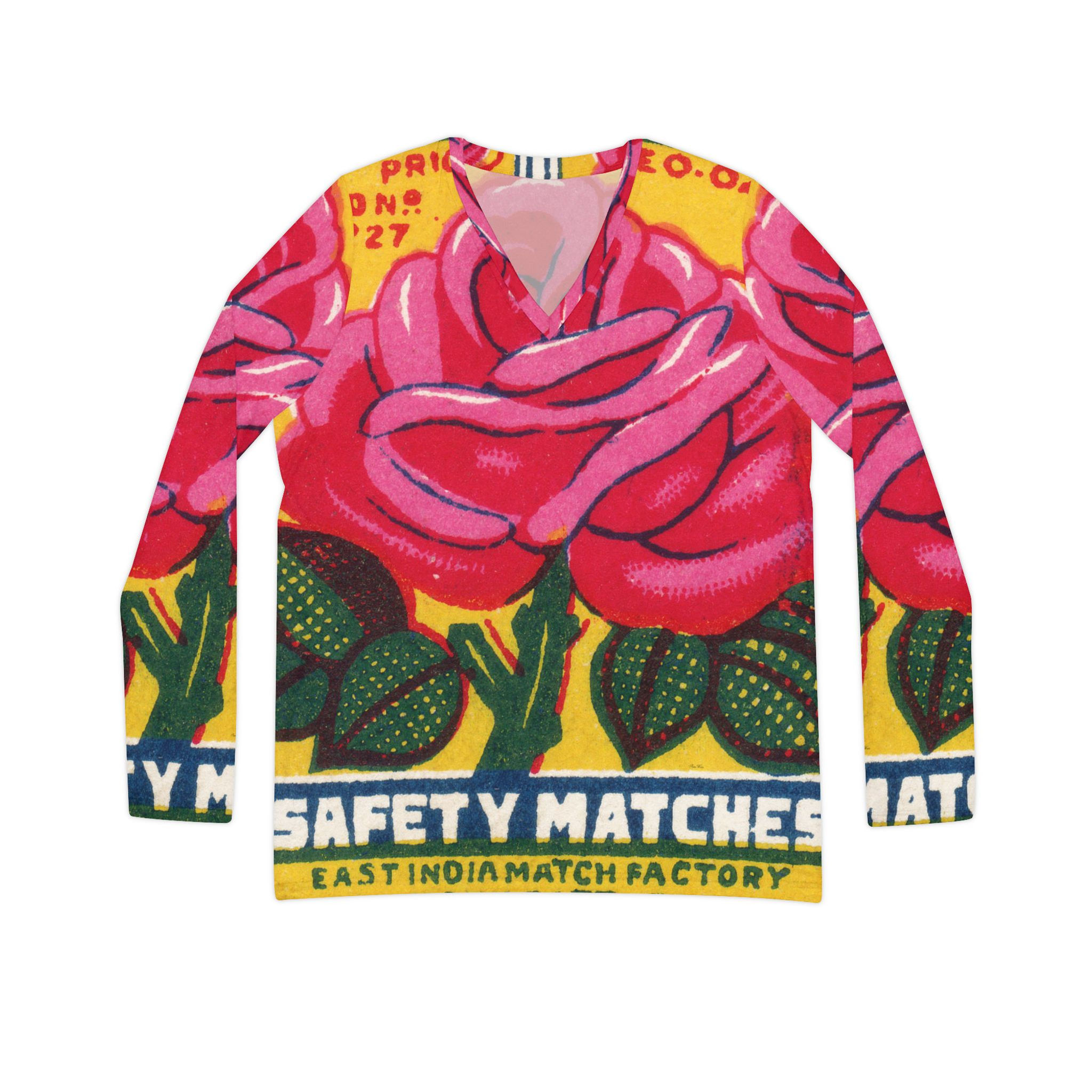 Vintage Rose Safety Match - Women's Long Sleeve V-neck Shirt (8 sizes)