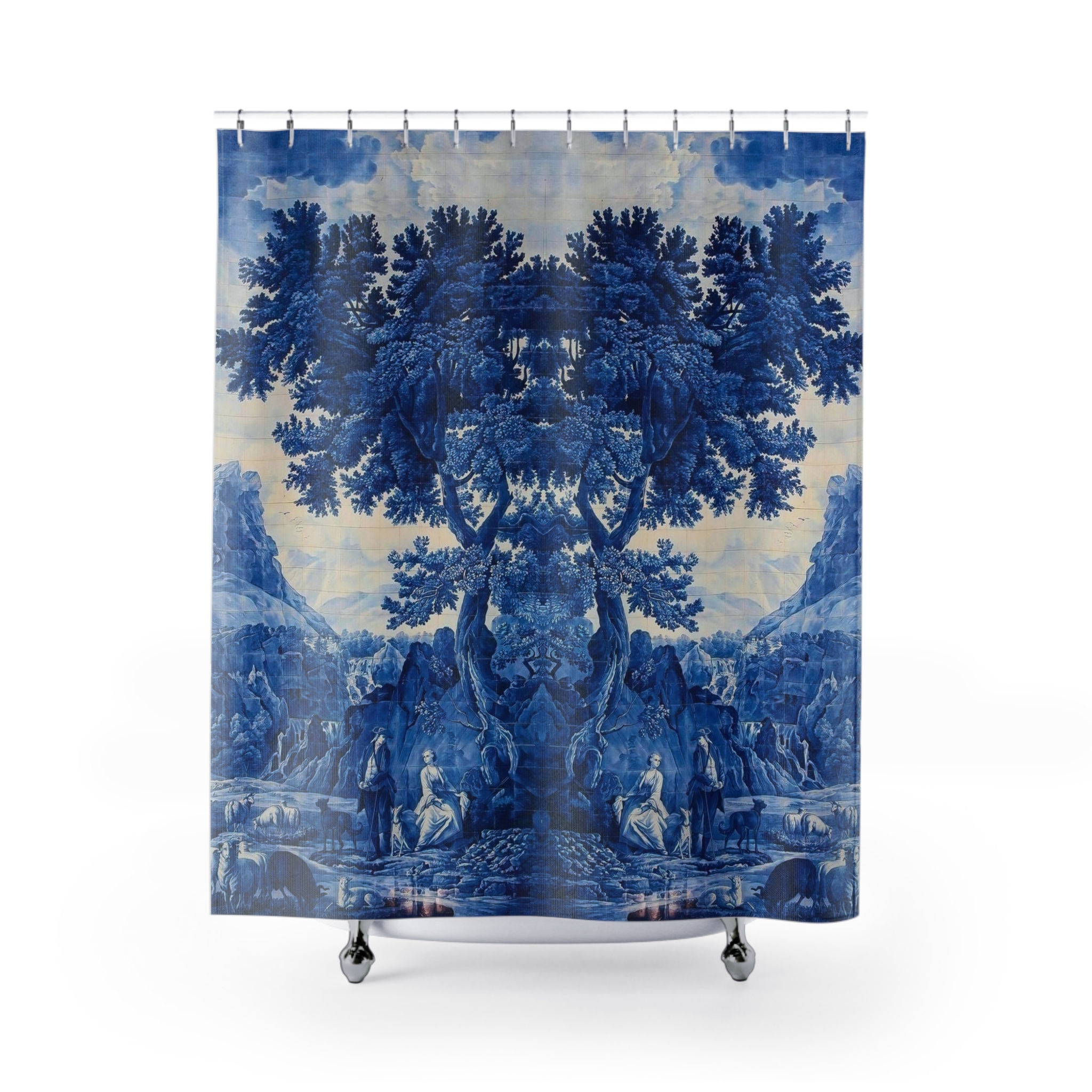Blue and White Delft Tile Toile Elegant Blue Botanical Shower Curtain